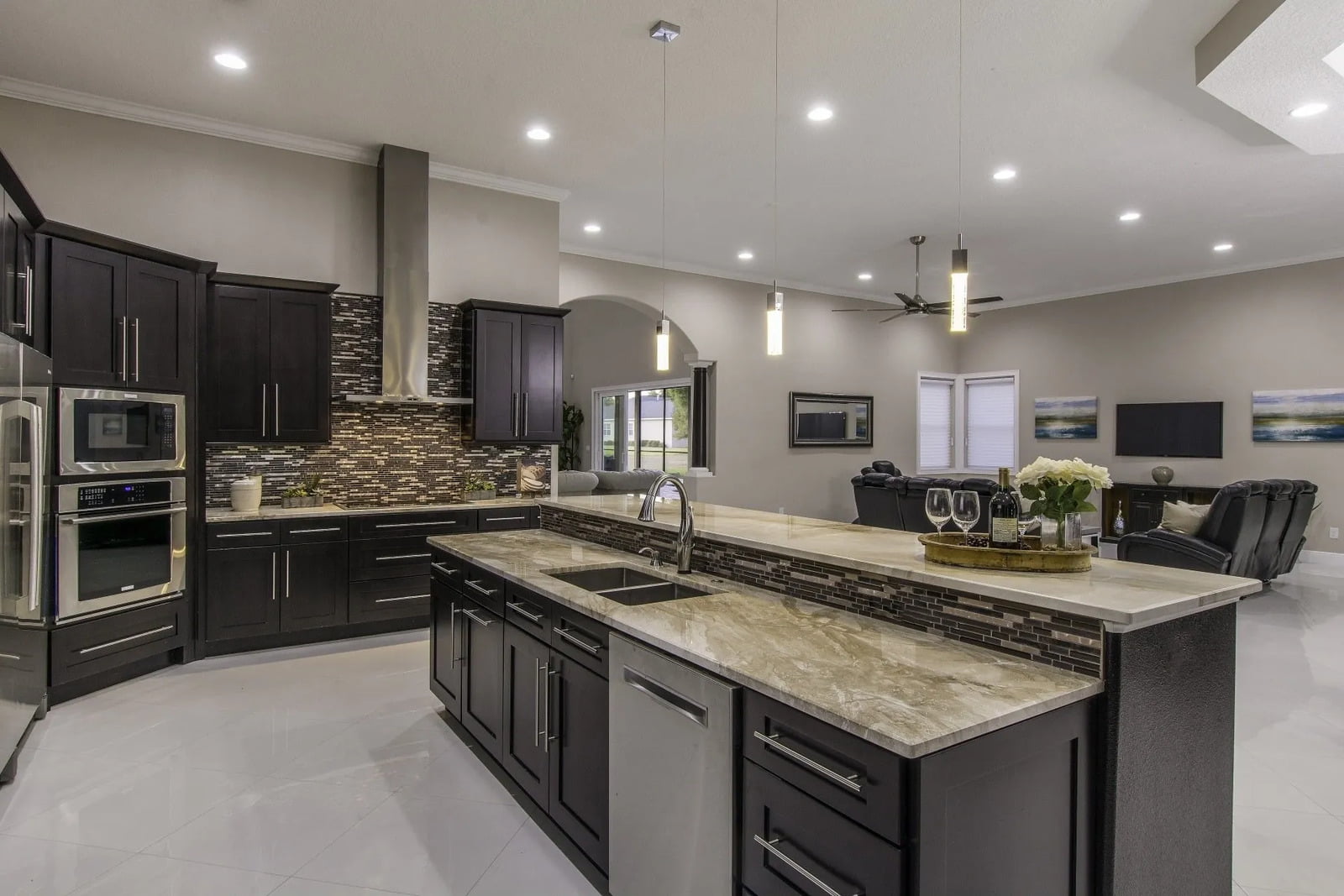 Kitchen area in a transitional home in Massachusetts